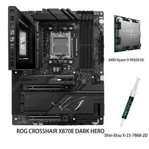 ASUS ROG Crosshair X870E Dark Hero ATX motherboard & AMD Ryzen 9 9950X3D CPU Combo, AMD AM5, DDR5 slots, 5 M.2 slots, 3D VC M.2 heatsink, USB4, AI Cache Boost, PCIe Slot Q-Release, AIO Q-Connector ASUS ROG Crosshair X870E Dark Hero ATX motherboard & AMD Ryzen 9 9950X3D CPU Combo, AMD AM5, DDR5 slots, 5 M.2 slots, 3D VC M.2 heatsink, USB4, AI Cache Boost, PCIe Slot Q-Release, AIO Q-Connector