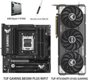 ASUS GPU& Motherboard &Thermal paste & CPU Combo, TUF-RTX5060TI-O16G-GAMING Graphics Card, TUF GAMING B850M-PLUS WIFI7 Motherboard, AMD Ryzen 7 9700X CPU, for AI PC, gaming PC ASUS GPU& Motherboard &Thermal paste & CPU Combo, TUF-RTX5060TI-O16G-GAMING Graphics Card, TUF GAMING B850M-PLUS WIFI7 Motherboard, AMD Ryzen 7 9700X CPU, for AI PC, gaming PC