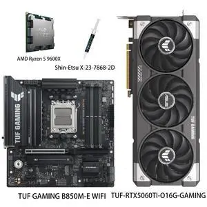 ASUS GPU& Motherboard &Thermal paste & CPU Combo, TUF-RTX5060TI-O16G-GAMING Graphics Card, TUF GAMING B850M-E WIFI Motherboard, AMD Ryzen 5 9600X CPU, for AI PC, gaming PC ASUS GPU& Motherboard &Thermal paste & CPU Combo, TUF-RTX5060TI-O16G-GAMING Graphics Card, TUF GAMING B850M-E WIFI Motherboard, AMD Ryzen 5 9600X CPU, for AI PC, gaming PC