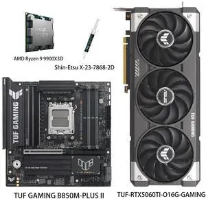 ASUS GPU& Motherboard &Thermal paste & CPU Combo, TUF-RTX5060TI-O16G-GAMING Graphics Card, TUF GAMING B850M-PLUS II Motherboard, AMD Ryzen 9 9900X3D CPU, for AI PC, gaming PC ASUS GPU& Motherboard &Thermal paste & CPU Combo, TUF-RTX5060TI-O16G-GAMING Graphics Card, TUF GAMING B850M-PLUS II Motherboard, AMD Ryzen 9 9900X3D CPU, for AI PC, gaming PC