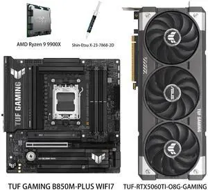ASUS GPU& Motherboard &Thermal paste & CPU Combo, TUF-RTX5060TI-O8G-GAMING Graphics Card, TUF GAMING B850M-PLUS WIFI7 Motherboard, AMD Ryzen 9 9900X CPU, for AI PC, gaming PC ASUS GPU& Motherboard &Thermal paste & CPU Combo, TUF-RTX5060TI-O8G-GAMING Graphics Card, TUF GAMING B850M-PLUS WIFI7 Motherboard, AMD Ryzen 9 9900X CPU, for AI PC, gaming PC