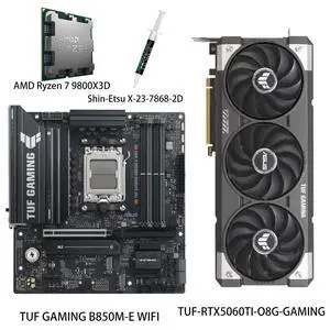 ASUS GPU& Motherboard &Thermal paste & CPU Combo, TUF-RTX5060TI-O8G-GAMING Graphics Card, TUF GAMING B850M-E WIFI Motherboard, AMD Ryzen 7 9800X3D CPU, for AI PC, gaming PC ASUS GPU& Motherboard &Thermal paste & CPU Combo, TUF-RTX5060TI-O8G-GAMING Graphics Card, TUF GAMING B850M-E WIFI Motherboard, AMD Ryzen 7 9800X3D CPU, for AI PC, gaming PC