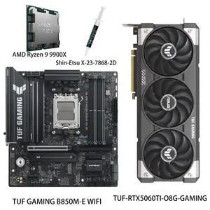 ASUS GPU& Motherboard &Thermal paste & CPU Combo, TUF-RTX5060TI-O8G-GAMING Graphics Card, TUF GAMING B850M-E WIFI Motherboard, AMD Ryzen 9 9900X CPU, for AI PC, gaming PC ASUS GPU& Motherboard &Thermal paste & CPU Combo, TUF-RTX5060TI-O8G-GAMING Graphics Card, TUF GAMING B850M-E WIFI Motherboard, AMD Ryzen 9 9900X CPU, for AI PC, gaming PC