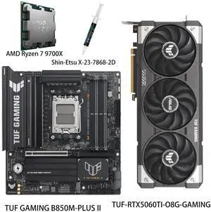 ASUS GPU& Motherboard &Thermal paste & CPU Combo, TUF-RTX5060TI-O8G-GAMING Graphics Card, TUF GAMING B850M-PLUS II Motherboard, AMD Ryzen 7 9700X CPU, for AI PC, gaming PC ASUS GPU& Motherboard &Thermal paste & CPU Combo, TUF-RTX5060TI-O8G-GAMING Graphics Card, TUF GAMING B850M-PLUS II Motherboard, AMD Ryzen 7 9700X CPU, for AI PC, gaming PC