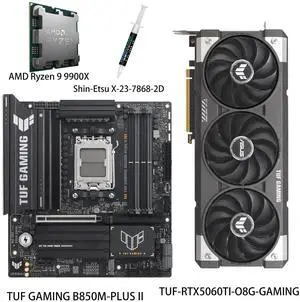 ASUS GPU& Motherboard &Thermal paste & CPU Combo, TUF-RTX5060TI-O8G-GAMING Graphics Card, TUF GAMING B850M-PLUS II Motherboard, AMD Ryzen 9 9900X CPU, for AI PC, gaming PC ASUS GPU& Motherboard &Thermal paste & CPU Combo, TUF-RTX5060TI-O8G-GAMING Graphics Card, TUF GAMING B850M-PLUS II Motherboard, AMD Ryzen 9 9900X CPU, for AI PC, gaming PC