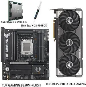 ASUS GPU& Motherboard &Thermal paste & CPU Combo, TUF-RTX5060TI-O8G-GAMING Graphics Card, TUF GAMING B850M-PLUS II Motherboard, AMD Ryzen 9 9900X3D CPU, for AI PC, gaming PC ASUS GPU& Motherboard &Thermal paste & CPU Combo, TUF-RTX5060TI-O8G-GAMING Graphics Card, TUF GAMING B850M-PLUS II Motherboard, AMD Ryzen 9 9900X3D CPU, for AI PC, gaming PC