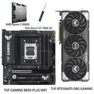 ASUS GPU& Motherboard &Thermal paste & CPU Combo, TUF-RTX5060TI-O8G-GAMING Graphics Card, TUF GAMING B850-PLUS WIFI Motherboard, AMD Ryzen 5 9600X CPU, for AI PC, gaming PC ASUS GPU& Motherboard &Thermal paste & CPU Combo, TUF-RTX5060TI-O8G-GAMING Graphics Card, TUF GAMING B850-PLUS WIFI Motherboard, AMD Ryzen 5 9600X CPU, for AI PC, gaming PC