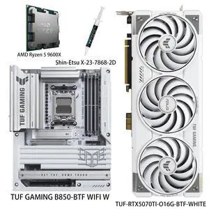 ASUS GPU& Motherboard &Thermal paste & CPU Combo, TUF-RTX5070TI-O16G-BTF-WHITE Graphics Card, TUF GAMING B850-BTF WIFI W Motherboard, AMD Ryzen 5 9600X CPU, for AI PC, gaming PC ASUS GPU& Motherboard &Thermal paste & CPU Combo, TUF-RTX5070TI-O16G-BTF-WHITE Graphics Card, TUF GAMING B850-BTF WIFI W Motherboard, AMD Ryzen 5 9600X CPU, for AI PC, gaming PC