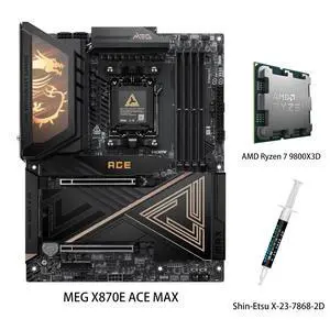 MSI MEG X870E ACE MAX Motherboard & AMD Ryzen 7 9800X3D CPU Combo,ATX - Supports AMD Ryzen 9000 / 8000 / 7000 Processors, AM5 - 64MB BIOS ROM, 110A SPS VRM, DDR5 Memory (up to 9000+ MT/s OC) MSI MEG X870E ACE MAX Motherboard & AMD Ryzen 7 9800X3D CPU Combo,ATX - Supports AMD Ryzen 9000 / 8000 / 7000 Processors, AM5 - 64MB BIOS ROM, 110A SPS VRM, DDR5 Memory (up to 9000+ MT/s OC)