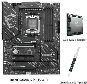 MSI X870 GAMING PLUS WIFI Motherboard & AMD Ryzen 9 9900X3D CPU Combo, AM5 - 60A SPS VRM, DDR5 Memory Boost 8200+ MT/s (OC), PCIe 5.0 x16 & 4.0 x16, M.2 Gen5, Wi-Fi 7, 5G LAN MSI X870 GAMING PLUS WIFI Motherboard & AMD Ryzen 9 9900X3D CPU Combo, AM5 - 60A SPS VRM, DDR5 Memory Boost 8200+ MT/s (OC), PCIe 5.0 x16 & 4.0 x16, M.2 Gen5, Wi-Fi 7, 5G LAN