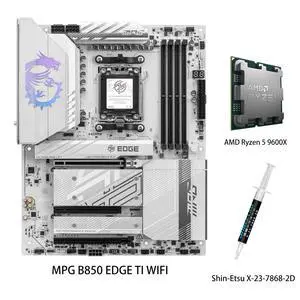 MSI MPG B850 EDGE TI WIFI White Motherboard & AMD Ryzen 5 9600X CPU Combo, AM5 - 80A SPS VRM, DDR5 Memory Boost (8400+MT/s OC), PCIe 5.0 x16, M.2 Gen5, Wi-Fi 7, 5G LAN MSI MPG B850 EDGE TI WIFI White Motherboard & AMD Ryzen 5 9600X CPU Combo, AM5 - 80A SPS VRM, DDR5 Memory Boost (8400+MT/s OC), PCIe 5.0 x16, M.2 Gen5, Wi-Fi 7, 5G LAN