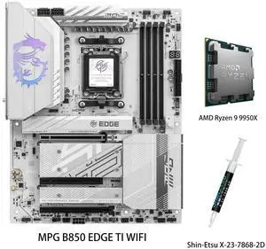 MSI MPG B850 EDGE TI WIFI White Motherboard & AMD Ryzen 9 9950X CPU Combo, AM5 - 80A SPS VRM, DDR5 Memory Boost (8400+MT/s OC), PCIe 5.0 x16, M.2 Gen5, Wi-Fi 7, 5G LAN MSI MPG B850 EDGE TI WIFI White Motherboard & AMD Ryzen 9 9950X CPU Combo, AM5 - 80A SPS VRM, DDR5 Memory Boost (8400+MT/s OC), PCIe 5.0 x16, M.2 Gen5, Wi-Fi 7, 5G LAN