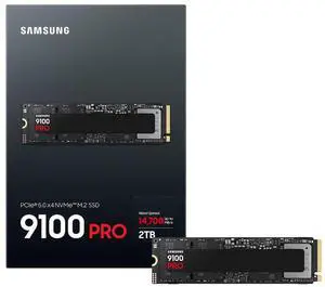 SAMSUNG 9100 PRO 2TB Internal NVMe M.2 2280 SSD, PCIe Gen5 x4 NVMe 2.0, Up to 14700MB/s Read 13400MB/s Write, V-NAND TLC, 2GB Cache, 1200TBW, AES 256 Encryption, Max 9g, Gaming PC Laptop Storage SAMSUNG 9100 PRO 2TB Internal NVMe M.2 2280 SSD, PCIe Gen5 x4 NVMe 2.0, Up to 14700MB/s Read 13400MB/s Write, V-NAND TLC, 2GB Cache, 1200TBW, AES 256 Encryption, Max 9g, Gaming PC Laptop Storage