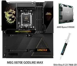 MSI MEG X870E GODLIKE MAX,Motherboard & AMD Ryzen 9 9950X CPU Combo, AM5 - Dynamic Dashboard III, EZ Slide M.2, 64MB BIOS ROM, 110A SPS, M.2 & PCIe 5.0, USB4, Wi-Fi 7, 10G + 5G LAN MSI MEG X870E GODLIKE MAX,Motherboard & AMD Ryzen 9 9950X CPU Combo, AM5 - Dynamic Dashboard III, EZ Slide M.2, 64MB BIOS ROM, 110A SPS, M.2 & PCIe 5.0, USB4, Wi-Fi 7, 10G + 5G LAN