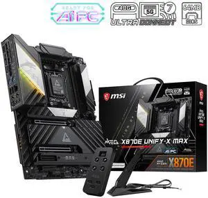 MSI MEG X870E UNIFY-X MAX Gaming Motherboard, AMD AM5 Ryzen 9000/8000/7000, DDR5 10600+ OC, PCIe 5.0, 5x M.2 Gen5, Wi-Fi 7, 5G LAN, USB4, 18+2+1 Power, USB 20G Type-C 60W MSI MEG X870E UNIFY-X MAX Gaming Motherboard, AMD AM5 Ryzen 9000/8000/7000, DDR5 10600+ OC, PCIe 5.0, 5x M.2 Gen5, Wi-Fi 7, 5G LAN, USB4, 18+2+1 Power, USB 20G Type-C 60W