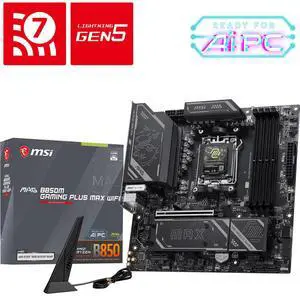 MSI MAG B850M GAMING PLUS MAX WIFI Motherboard, AMD B850, mATX, Supports Ryzen 9000/8000/7000, DDR5 8200+ OC, PCIe 5.0, Lightning Gen5 M.2, 5G LAN, Wi-Fi 7, 10+2+1 Power, USB-C MSI MAG B850M GAMING PLUS MAX WIFI Motherboard, AMD B850, mATX, Supports Ryzen 9000/8000/7000, DDR5 8200+ OC, PCIe 5.0, Lightning Gen5 M.2, 5G LAN, Wi-Fi 7, 10+2+1 Power, USB-C