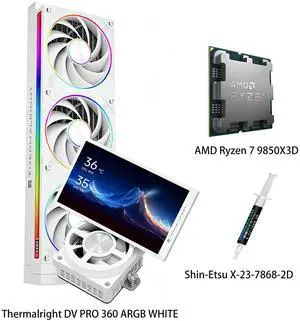 AMD Ryzen 7 9850X3D CPU & DYNAMIC VISION PRO 360 ARGB WHITE AIO CPU Liquid Cooler Combo, 5.5-inch 360° Freely Rotatable Screen, Pump Head Vortex Fan, for Intel LGA 1851/1700/115X/1200 & AMD AM5/AM4 AMD Ryzen 7 9850X3D CPU & DYNAMIC VISION PRO 360 ARGB WHITE AIO CPU Liquid Cooler Combo, 5.5-inch 360° Freely Rotatable Screen, Pump Head Vortex Fan, for Intel LGA 1851/1700/115X/1200 & AMD AM5/AM4
