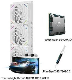 AMD Ryzen 9 9900X3D CPU & RV 360 TURBO ARGB WHITE AIO CPU Liquid Cooler Combo, 6.67-inch Glasses-Free 3D Curved Rainbow Screen(2400×1080), Intel LGA 1851/1700/115X/1200/2011 SQUARE/2066 & AMD AM5/AM4 AMD Ryzen 9 9900X3D CPU & RV 360 TURBO ARGB WHITE AIO CPU Liquid Cooler Combo, 6.67-inch Glasses-Free 3D Curved Rainbow Screen(2400×1080), Intel LGA 1851/1700/115X/1200/2011 SQUARE/2066 & AMD AM5/AM4