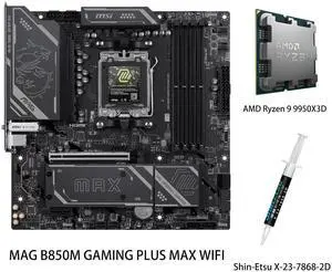 MSI MAG B850 GAMING PLUS MAX WIFI Motherboard & AMD Ryzen 9 9950X3D CPU Combo, AM5, DDR5 Memory Boost (up to 8200+ MT/s OC), PCIe 5.0 x16, M.2 Gen5, Wi-Fi 7, 5G LAN MSI MAG B850 GAMING PLUS MAX WIFI Motherboard & AMD Ryzen 9 9950X3D CPU Combo, AM5, DDR5 Memory Boost (up to 8200+ MT/s OC), PCIe 5.0 x16, M.2 Gen5, Wi-Fi 7, 5G LAN