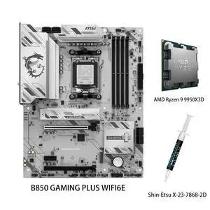 MSI B850 GAMING PLUS WIFI6E Motherboard & AMD Ryzen 9 9950X3D CPU Combo, AM5 - DDR5 Memory Boost 8200+ MT/s (OC), PCIe 4.0 x16, M.2 Gen5, Wi-Fi 6E, 2.5G LAN MSI B850 GAMING PLUS WIFI6E Motherboard & AMD Ryzen 9 9950X3D CPU Combo, AM5 - DDR5 Memory Boost 8200+ MT/s (OC), PCIe 4.0 x16, M.2 Gen5, Wi-Fi 6E, 2.5G LAN