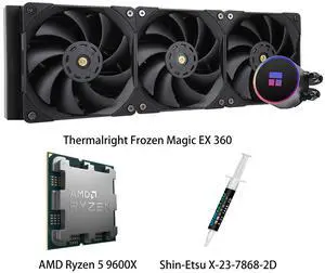 AMD Ryzen 5 9600X CPU & Frozen Magic EX 360 AIO CPU Liquid Cooler Combo, ARGB coldhead halo, three 1850RPM performance fans, for Intel LGA 1851/1700/115X/1200 & AMD AM5/AM4 AMD Ryzen 5 9600X CPU & Frozen Magic EX 360 AIO CPU Liquid Cooler Combo, ARGB coldhead halo, three 1850RPM performance fans, for Intel LGA 1851/1700/115X/1200 & AMD AM5/AM4