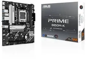 ASUS PRIME B850M-K AMD B850 mATX motherboard, AM5, PCIe 5.0 Ready, two M.2 slots, Realtek 2.5Gb Ethernet, DisplayPort, HDMI, rear USB 10Gbps Type-A, front USB 5Gbps Type-C, BIOS FlashBack, Aura Sync