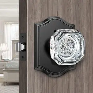 Glass Door Knobs, Black Crystal Door Knobs, Black Glass Door Knobs Interior Privacy Function, Bedroom Door Knobs with Lock, Vintage Door Knob for Bathroom Bedroom