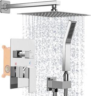 Rain Shower System, 10 Inch Square Rainfall Shower Head High Pressure Wall Mount Shower Faucet Set with Hand Sprayer Rough-in Valve Trim Kit Bathroom Mixer Shower Combo Set