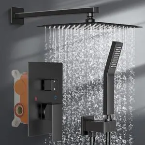 Brightify Shower Faucet Set, 12" Black Rain Shower Head Ceiling Mount with Handheld Spray, High Pressure Bathroom Mixer Shower Set Wall Mounted Shower System Rough-in Valve and Trim Kit