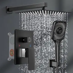 Black Shower Faucet Set Stainless Steel 10in Rainfall Shower Head with Handheld 3 Functions Shower System Brass Pressure Balance Shower Valve