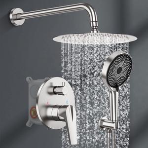 Rainfall Shower System 10in Pressure Balance Handheld 3 Modes Shower Head System with Handheld 3 Modes Shower Faucet Set Complete Stainless Steel Brushed Nickel