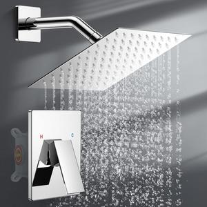Shower Faucet Set 8in Pressure Balance Shower Valve kit Rainfall Shower Head Stainless Steel Shower System Brass Rough-in Valve Polished Chrome