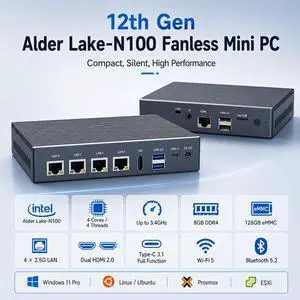 HIGOLEPC FIntel N100 Mini PC | Pro Firewall Router Appliance | Fanless, 4X 2.5G Ethernet Ports, 8GB RAM 128GB eMMC, Win 11 Pro, 4K HDMI/USB-C HIGOLEPC FIntel N100 Mini PC | Pro Firewall Router Appliance | Fanless, 4X 2.5G Ethernet Ports, 8GB RAM 128GB eMMC, Win 11 Pro, 4K HDMI/USB-C