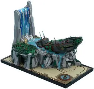 ZITIANYOUBUILD C7705 Diorama with Waterfall, Cliffside, and Dilapidated U-Boat 2914 Parts