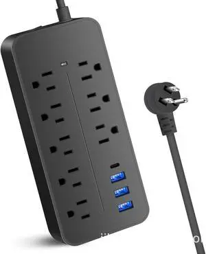1pc Black Power Strip, Surge Protector With 8 AC Outlets & 3 USB & 1 Type-C Ports, Angled Flat Plug, 4ft Extension Cable, For Home, Office, Kitchen, Garage, Dorm Essentials