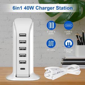 USB Charging Station, 5-Port USB Fast Charger Multi-USB Fast Charging USB Wall Charging Tower Power Adapter For IPhone, IPad, Kindle, Travel Accessories