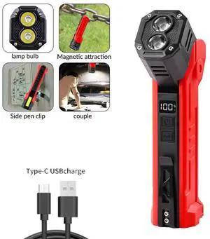 XTE+COB Red and White dual light source flashlight 180 degrees rotary multi-function working light with pen holder magnet