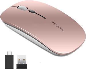 KEXIKELE Slim Rechargeable Wireless Mouse, 2.4G Portable Optical Silent Ultra Thin Wireless Computer Mouse with USB Receiver and Type C Adapter, Compatible with PC, Laptop, Desktop (Rose Gold)