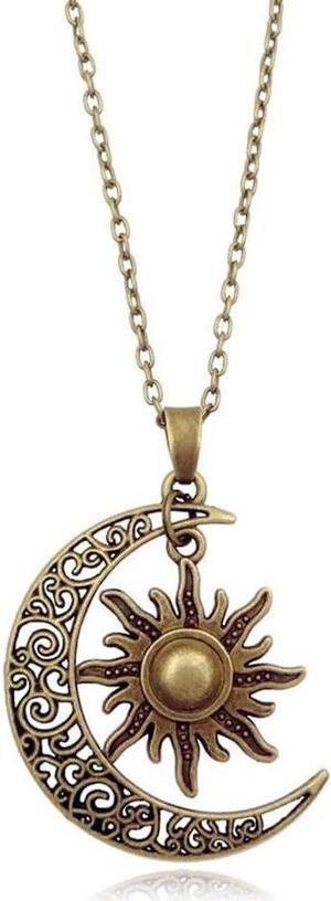 Fashion Sun Moon Pendant Necklace, Classic Long Sweater Chain, Unisex Jewelry Gift, Bronze