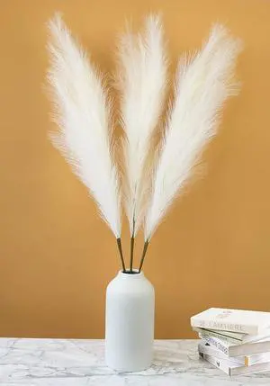 Artificial Tall Pampas Grass Decoration, 3 Stems Bulk Ivory Faux Pampas Grass, 42 Inch Fluffy Pampas Grass for Floor Vase, Bohemian Pompoms for Home Wedding Party.