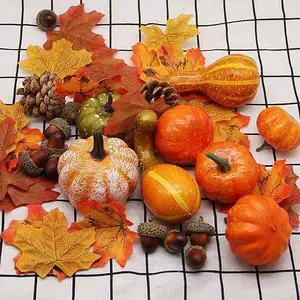 Thanksgiving Artificial Pumpkins Fall Decorations for Home, 50Pcs Fall Decor- 30 Fall Leaves, 10 Acorns, 2 Pinecones, 8 Fake Pumpkins, Harvest Farmhouse Table Tiered Tray Decorations Set