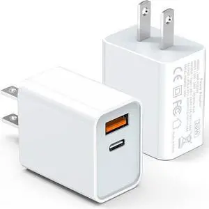 USB C Wall Charger Block 20W, 2-Pack Dual Port PD Power Delivery Fast Type C Charging Block Plug Adapter for iPhone 11/12/13/14/Pro Max, XS/XR/X, Ipad Pro, AirPods Pro, Samsung Galaxy and More