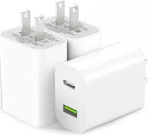 [3-Pack] USB C Fast Wall Charger Block, 20W Dual Port QC+PD 3.0 Power Adapter, Fast Charging Plug Box Brick Cube for iPhone11/12/13/14/Pro Max, XS/XR/X, iPad Pro, AirPods Pro,and More