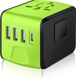 Universal International Travel Power Adapter W/High Speed 2.4A USB-A, 3.0A Type-C Wall Charger, European Adapter, Worldwide AC Outlet Plugs Adapters for Europe, UK, US, AU, Asia-Green