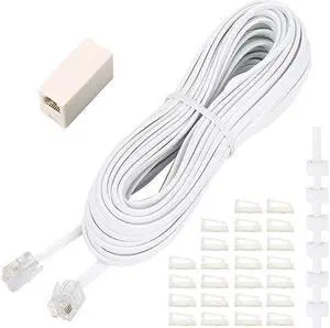 Phone Extension Cord 33 Ft, Telephone Cable with Standard RJ11 Plug and 1 in-Line Couplers and 20 Cable Clip Holders, White