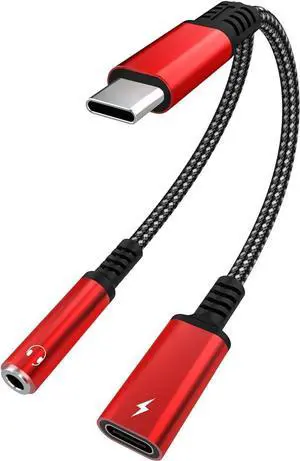 USB Type C to 3.5mm Headphone and Charger Adapter, 2 in 1 Type C to Aux Audio Jack Hi-Res DAC and PD Fast Charge Dongle Cable Compatible with Most Type C Model (Red)