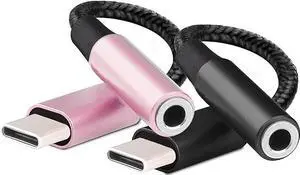 USB C to 3.5mm Female Headphone Jack Adapter (2 Pack), Type C to Aux Audio Dongle Cable Cord Hi-Fi DAC Chip for Samsung Galaxy S22 S21+, S9 Note10 Plus, Pixel 5 4 3 XL(Black+Rose Gold)