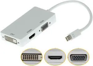 White Small DP to HDMI DVI VGA 3-in-1 Adapter Cable