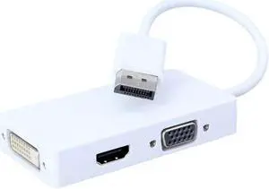 White Large DP to HDMI DVI VGA 3-in-1 Adapter Cable