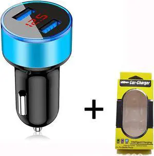 Digital display new aluminium ring 5V3.1A display car charger Aluminium alloy halo digital car charger car charger-Blue